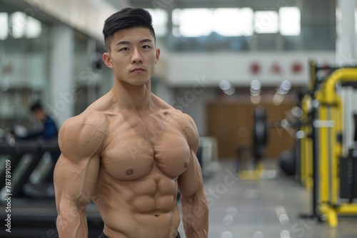 Asian Bodybuilder with Gym Equipment Backdrop