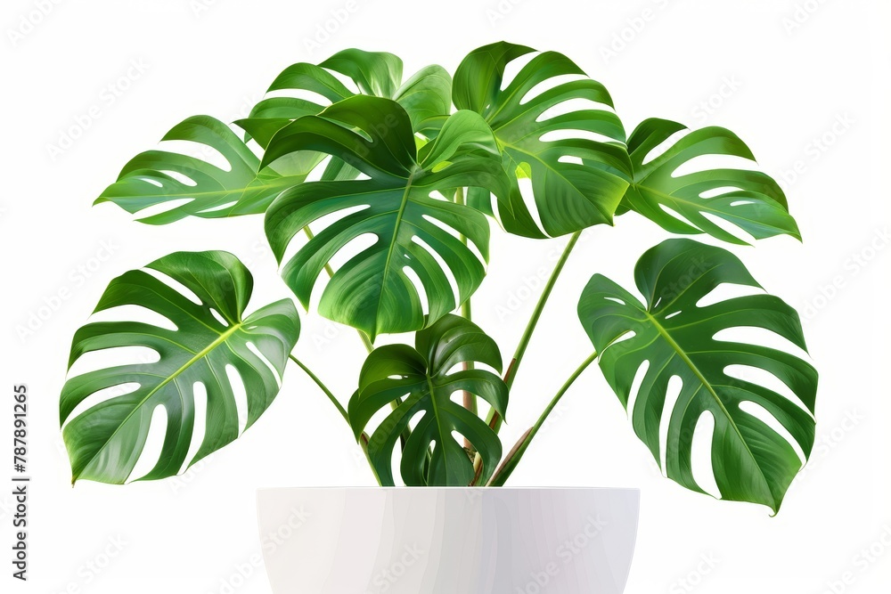 Newborn and three adult leaves on Monstera tree in white pot Die Cut PNG with path line Newborn and three adult leaves on Monstera tree in white pot Die Cut PNG with path line