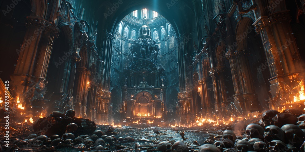 A dark cathedral made of skulls and bones, gothic arches with open doors leading inside A dark cathedral made of skulls and bones, gothic arches with open doors leading inside