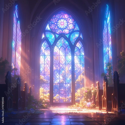 Explore the grandeur of a historic cathedral with this awe-inspiring image featuring an ornate stained glass door  bathed in soft light and tranquility.