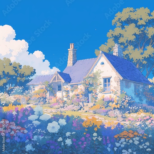 An idyllic cottage home nestled in a lush garden with blooming flowers and verdant foliage.