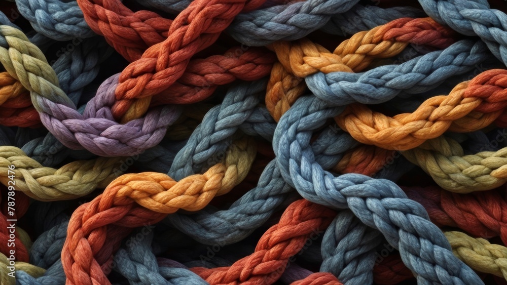 Close up of knot in a braided rope, with each strand carefully woven together to create a beautiful and complex pattern.
