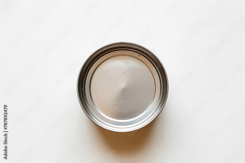 Open can of pet food on white background top view Open can of pet food on white background top view