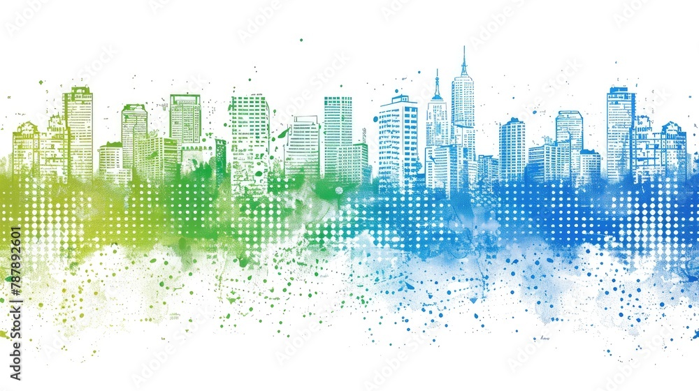 A city skyline with a green and blue gradient
