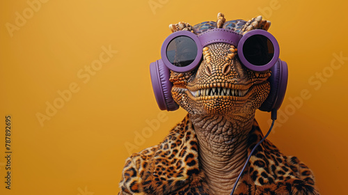 A dinosaur with purple glasses and headphones on