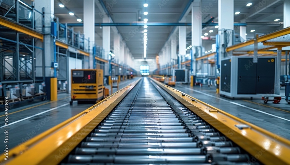 A train travels down parallel tracks inside a warehouse