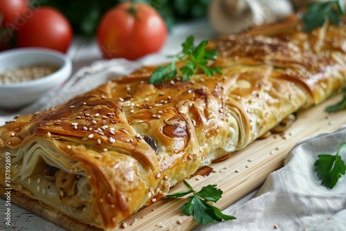 Meat and mushroom savory pie with sesame seed topping on white table photo