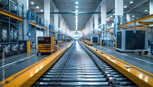 A train travels down parallel tracks inside a warehouse photo