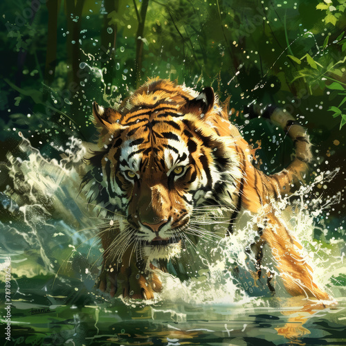 illustration Amur tiger playing in the water, Siberia. Dangerous animal, tajga, Russia. Animal in green forest stream. Siberian tiger splashing water photo