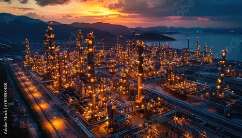 Stunning aerial view of oil refinery at sunset in natural landscape