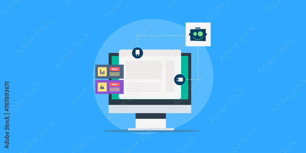 Website using plug in application driven by artificial intelligence technology, improve e-business performance conceptual vector illustration. Website using plug in application driven by artificial intelligence technology, improve e-business performance conceptual vector illustration.