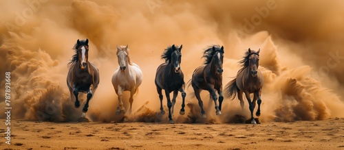 Horses running in the desert dust, front view