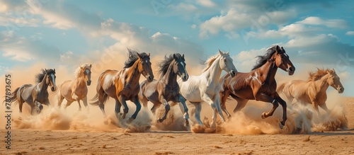 Horses running in the desert dust  front view