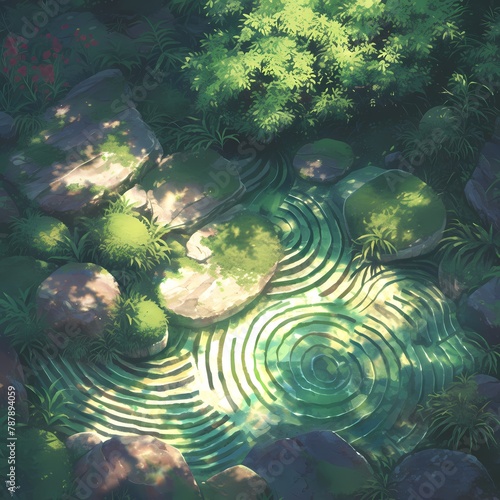 Experience the serene beauty of a holographic symphony in an idyllic zen garden. This high-resolution stock image captures the essence of tranquility and harmony.