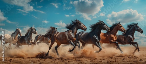 Horses running in the desert dust, front view © Glebstock