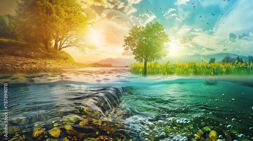 Clean Air and Water Create a thumbnail highlighting the importance of clean air and water for human health and environmental sustainability, with images of clear skies, clean rivers, and healthy ecosy photo
