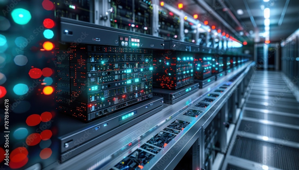 Row of servers in data center, humming with electricity Row of servers in data center, humming with electricity