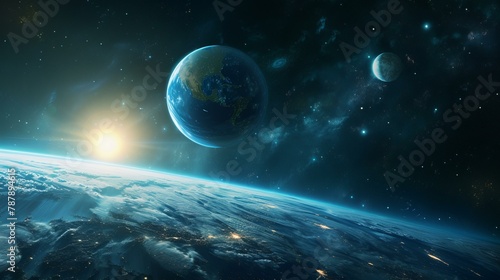 A futuristic view of Earth as the third planet, in a large panoramic format Advanced space technology elements and a detailed solar system layout, AI Generative
