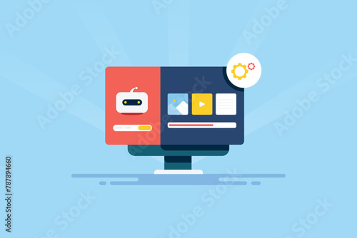 Content created with AI robot assistant, artificial intelligence technology assist e-business content automation process, vector illustration concept.