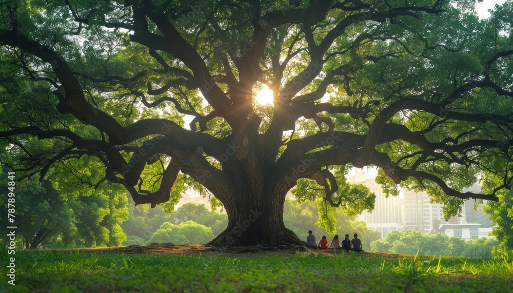 Fototapeta premium Group of individuals enjoying nature under a towering tree in the park