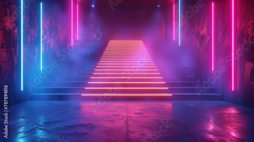 Abstract neon background  3D rendered music stage  glowing shapes  empty fashion podium with stairs  AI Generative
