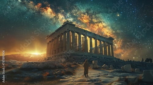 Ancient Parthenon stands majestic under a starlit sky, timeless beauty against the cosmos, serene and awe-inspiring, AI Generative © sorapop