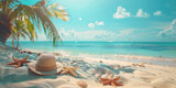 Summer beach banner with sand, sea, hat, star shells on blue sky background. Beach holiday concept. Copy space for text