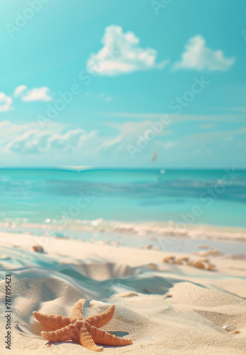 Summer beach banner with sand, sea, star shells on blue sky background. Beach holiday concept. Copy space for text