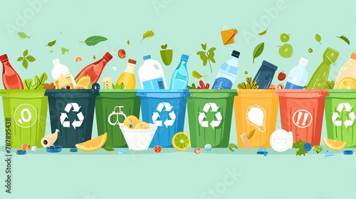 Waste Sorting Guide Create a vector illustration of a waste sorting guide, showing different categories of waste and how to properly sort them for recycling, composting, or disposal, to promote proper