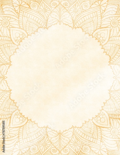 Indian style ornamental background template, frame for invitation, cards, banners, yellow gold