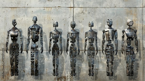 A vector illustration depicting figures made by joining small metal plates together, set against a concrete wall background, embodying industrial artistry no grunge