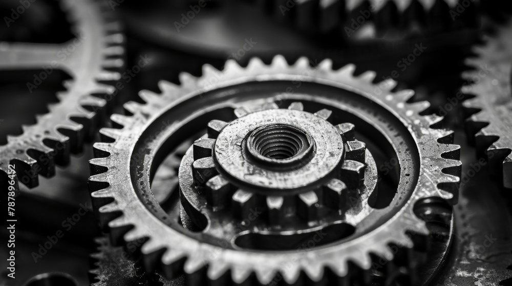 A macro shot revealing the intricate details and fine craftsmanship of interlocking metal gears in monochrome tones. A macro shot revealing the intricate details and fine craftsmanship of interlocking metal gears in monochrome tones.