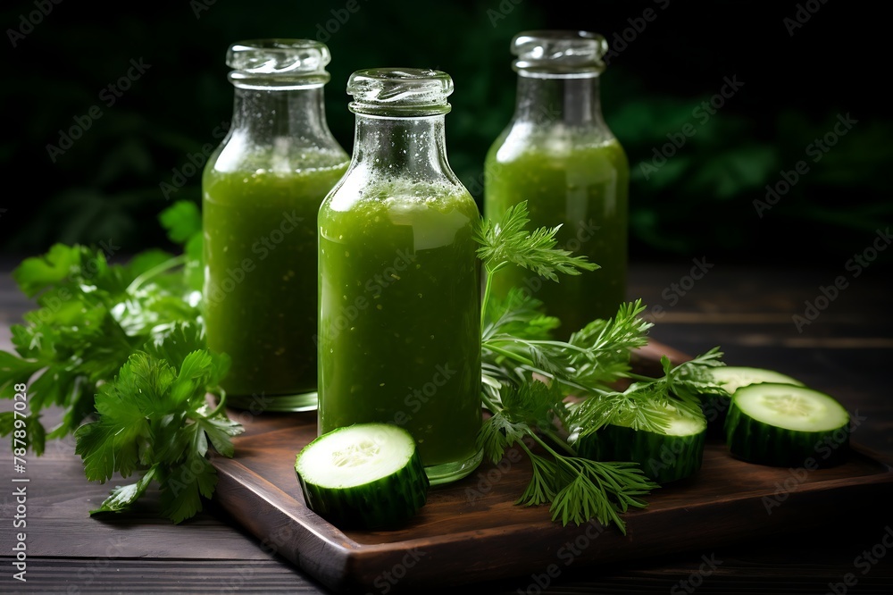 Cucumber juice in glass bottle with ingredients on dark wooden background Cucumber juice in glass bottle with ingredients on dark wooden background