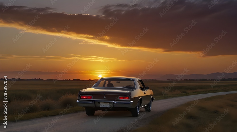 Camper car on nature at sunrise.generative.ai Camper car on nature at sunrise.generative.ai