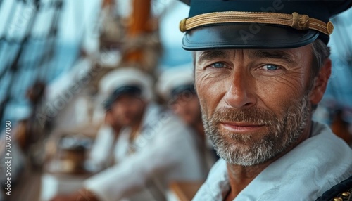 Man with facial hair wearing hat stands on boat during eventful travel © ЮРИЙ ПОЗДНИКОВ