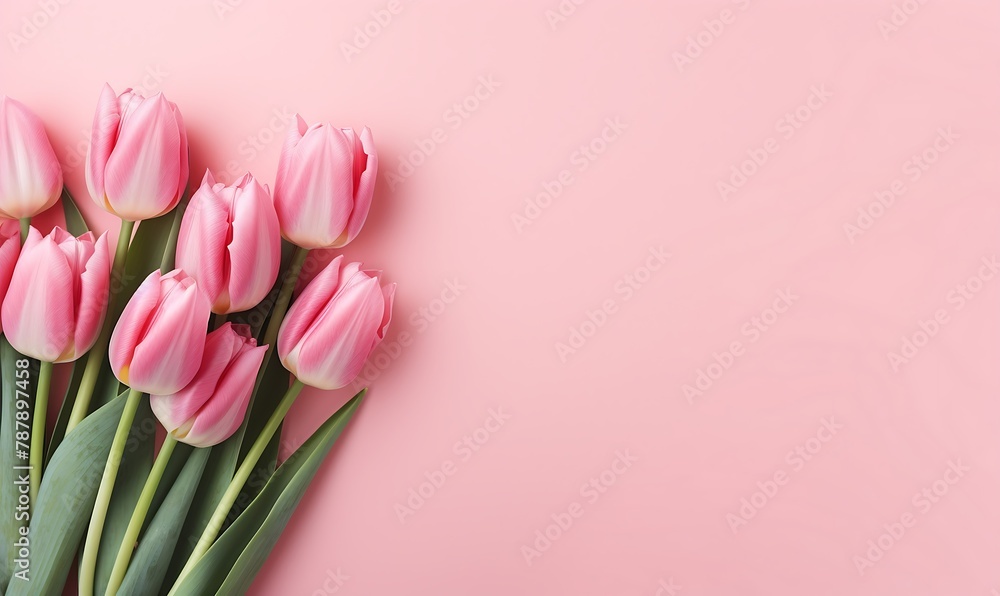 Bouquet of pink tulips on a pink background. Flat lay, top view Bouquet of pink tulips on a pink background. Flat lay, top view