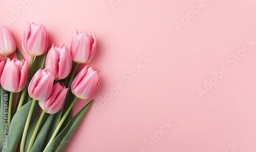 Bouquet of pink tulips on a pink background. Flat lay, top view