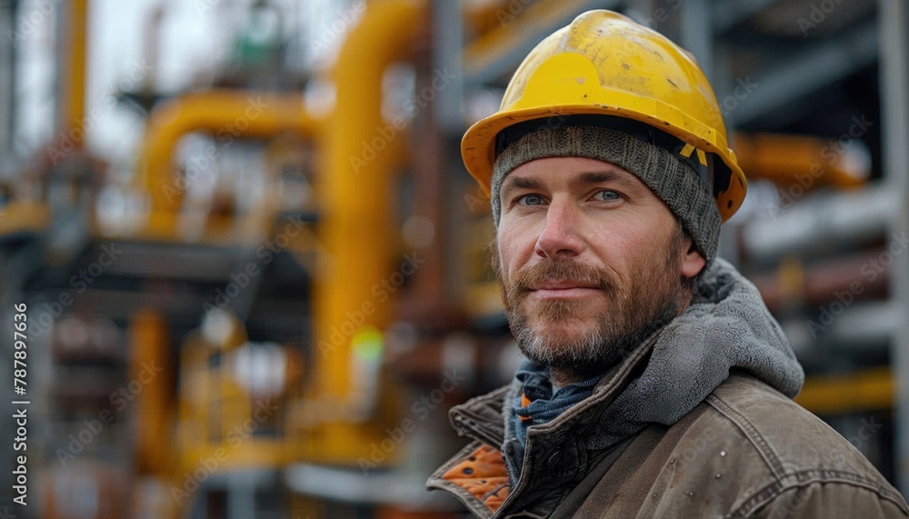 An engineer with a beard wearing a hard hat stands in front of a factory An engineer with a beard wearing a hard hat stands in front of a factory