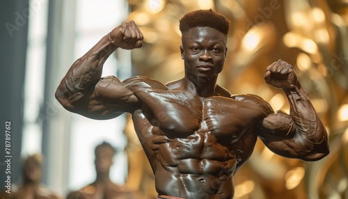 Bodybuilder flexes muscles in front of gold statue at competition event