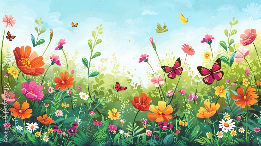 Flower Garden Design a vector thumbnail featuring a vibrant flower garden in full bloom, with colorful flowers, lush greenery, and fluttering butterflies creating a beautiful spring scene