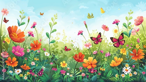 Flower Garden Design a vector thumbnail featuring a vibrant flower garden in full bloom, with colorful flowers, lush greenery, and fluttering butterflies creating a beautiful spring scene © maku