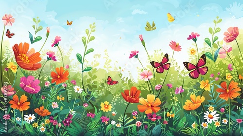 Flower Garden Design a vector thumbnail featuring a vibrant flower garden in full bloom, with colorful flowers, lush greenery, and fluttering butterflies creating a beautiful spring scene