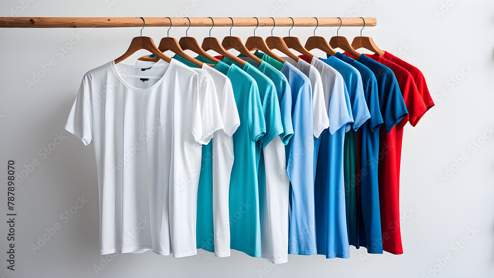 There are clothes of various colors hanging on the hanger, with a white wall background and a minimalist modern design