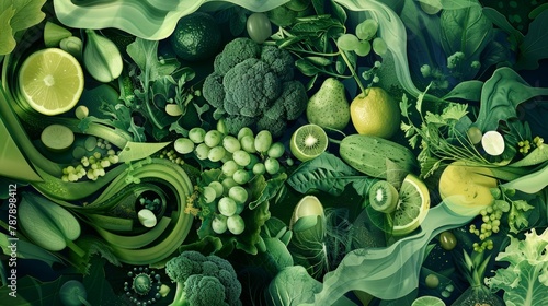 A playful array of green-toned fruits, vegetables, and nature elements in a flowing abstract design photo