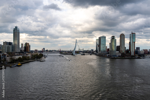 City centre of Rotterdam, view from the Erasmus Bridge on Nieuwe Maas river in Netherlands.