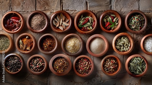  A rich tapestry of spices and herbs, presented in an array of earthen bowls, showcasing the colors and textures that flavor our world
