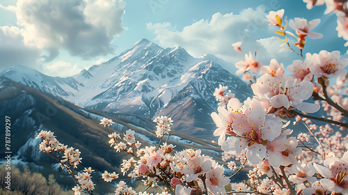 Snowy mountain backdrop with blossoming cherry tree in foreground. Serene winter scene evoking tranquility and natural beauty. Ideal for seasonal themes, nature appreciation, or peaceful backgrounds.