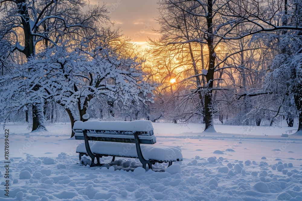 Park bench trees heavy snow sunset