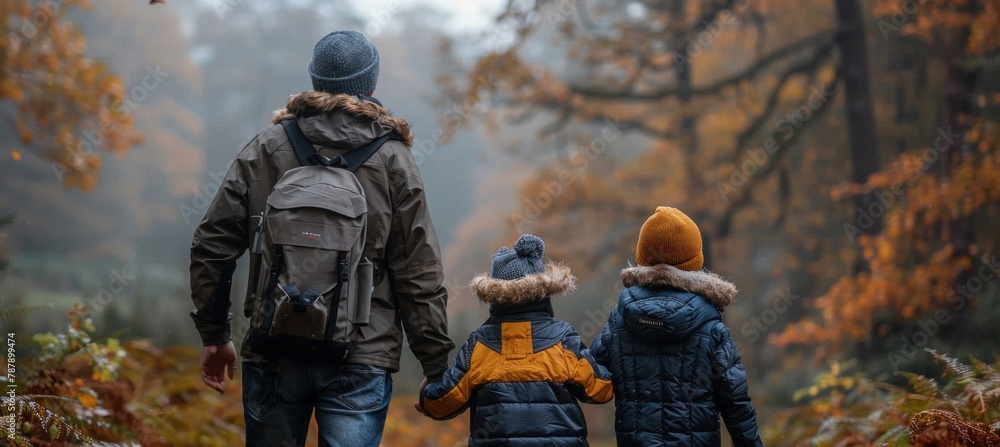 A man and two children walk through a winter forest holding hands A man and two children walk through a winter forest holding hands