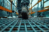 Close-Up of a Construction Worker’s Boots Treading on a Metal Platform Amidst a Bustling Site.